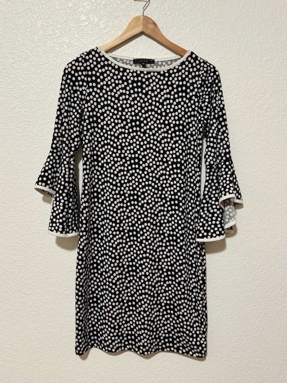 Tiana B New York Black White Polka Dot Bell Sleeve Shift Dress S